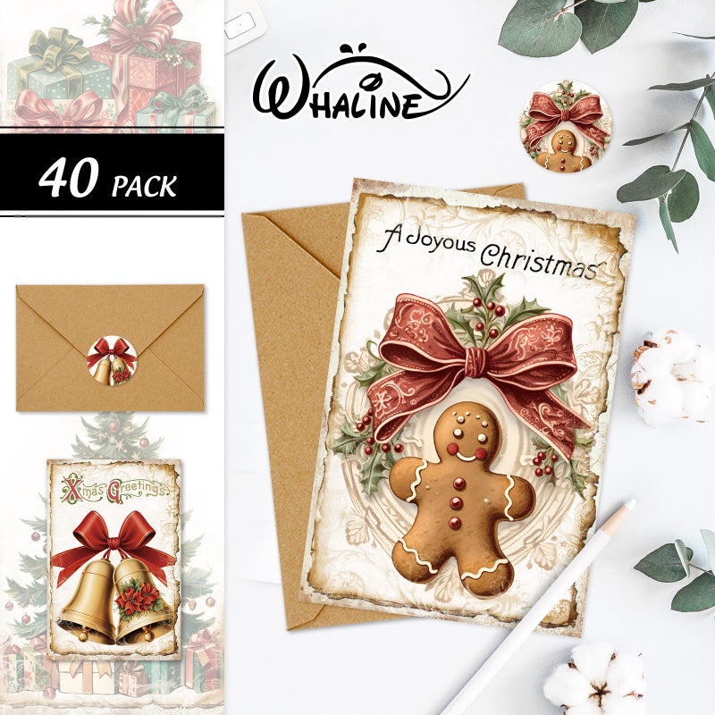 Whaline 40 Packs Christmas Vintage Greeting Cards Retro Xmas Tree Santa Snowman Blank Note Cards with Envelopes and Stickers For Winter Holiday Birthday Party, 4 x 6 Inch - Image 3